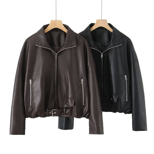 Damen Kunstlederjacke mit taillierbarem Gürtel und seitlichen Reißverschlusstaschen R&B