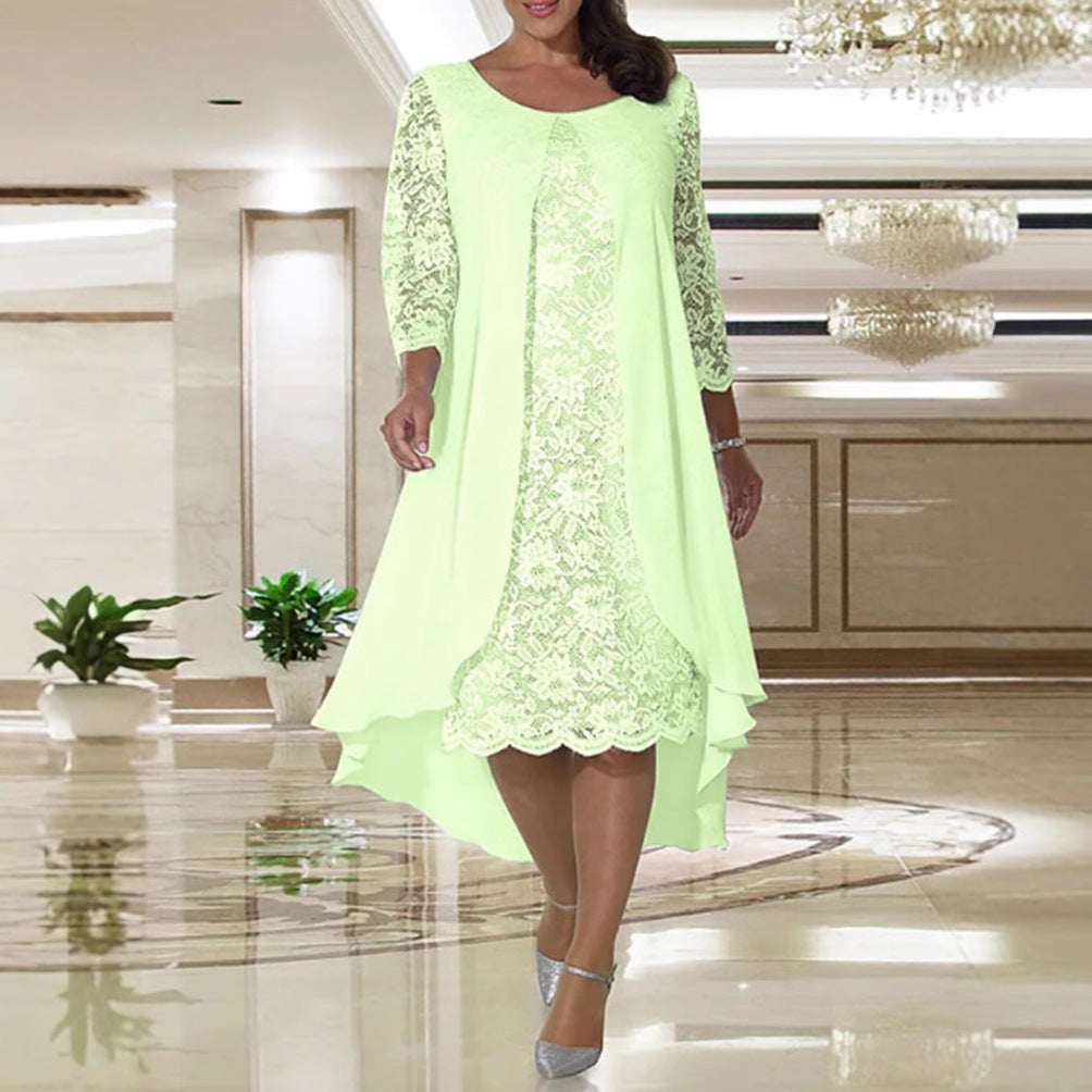 Damen nan elegantes Chiffon-Spitzenkleid mit Vokuhila-Überwurf und dreiviertelärmeln R&B