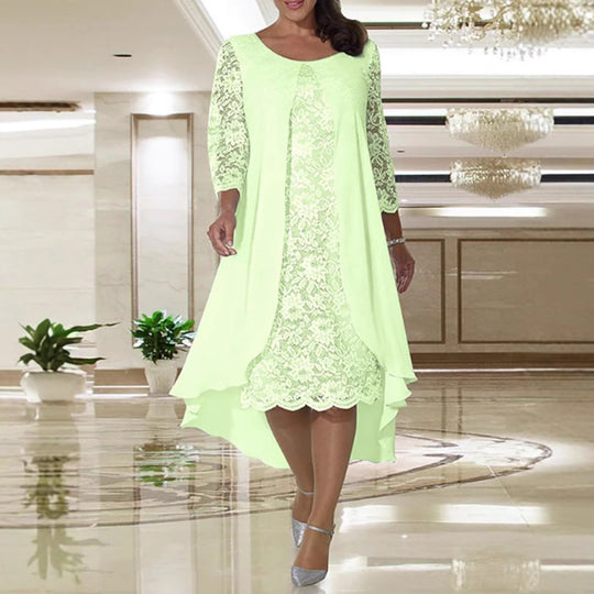 Damen nan elegantes Chiffon-Spitzenkleid mit Vokuhila-Überwurf und dreiviertelärmeln R&B