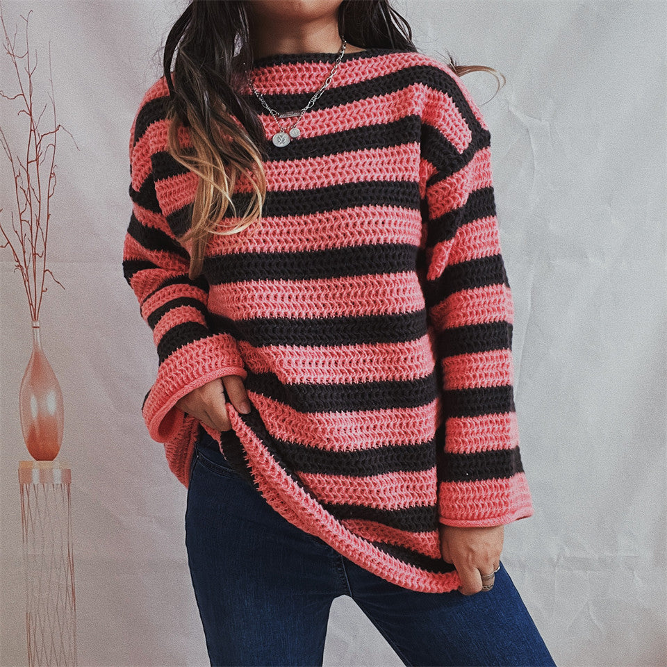 Damen lässiger gehäkelter Pullover mit modernen Blockstreifen R&B