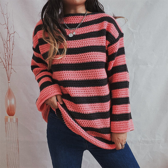 Damen lässiger gehäkelter Pullover mit modernen Blockstreifen R&B