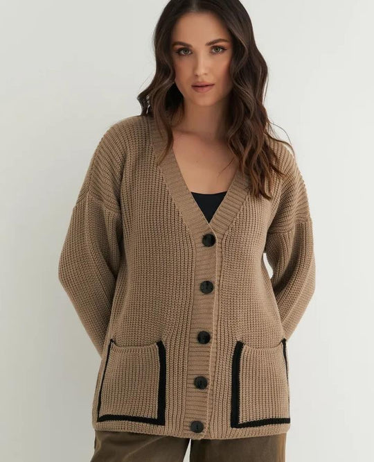 Damen Lässiger Strickcardigan mit tiefem V-Ausschnitt und praktischen Taschen R&B