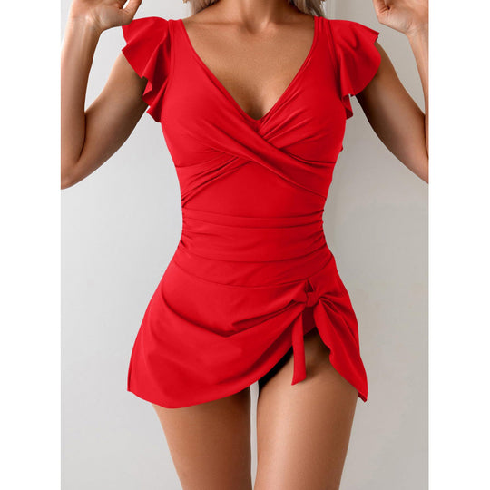Damen Eleganter Badeanzug mit Rüschendetails und Wickelrock R&B