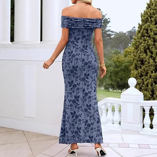 Damen elegantes Off-Shoulder Maxikleid mit floralem Muster und elastischem Einsatz R&B