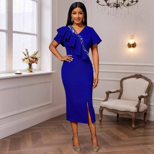Damen figurbetontes Abendkleid mit asymmetrischem Rüschendesign und Glitzerdetails R&B