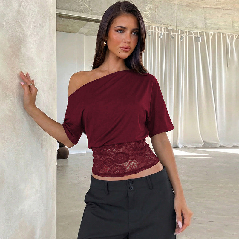 Damen Off-Shoulder Bluse mit Spitzenbund R&B