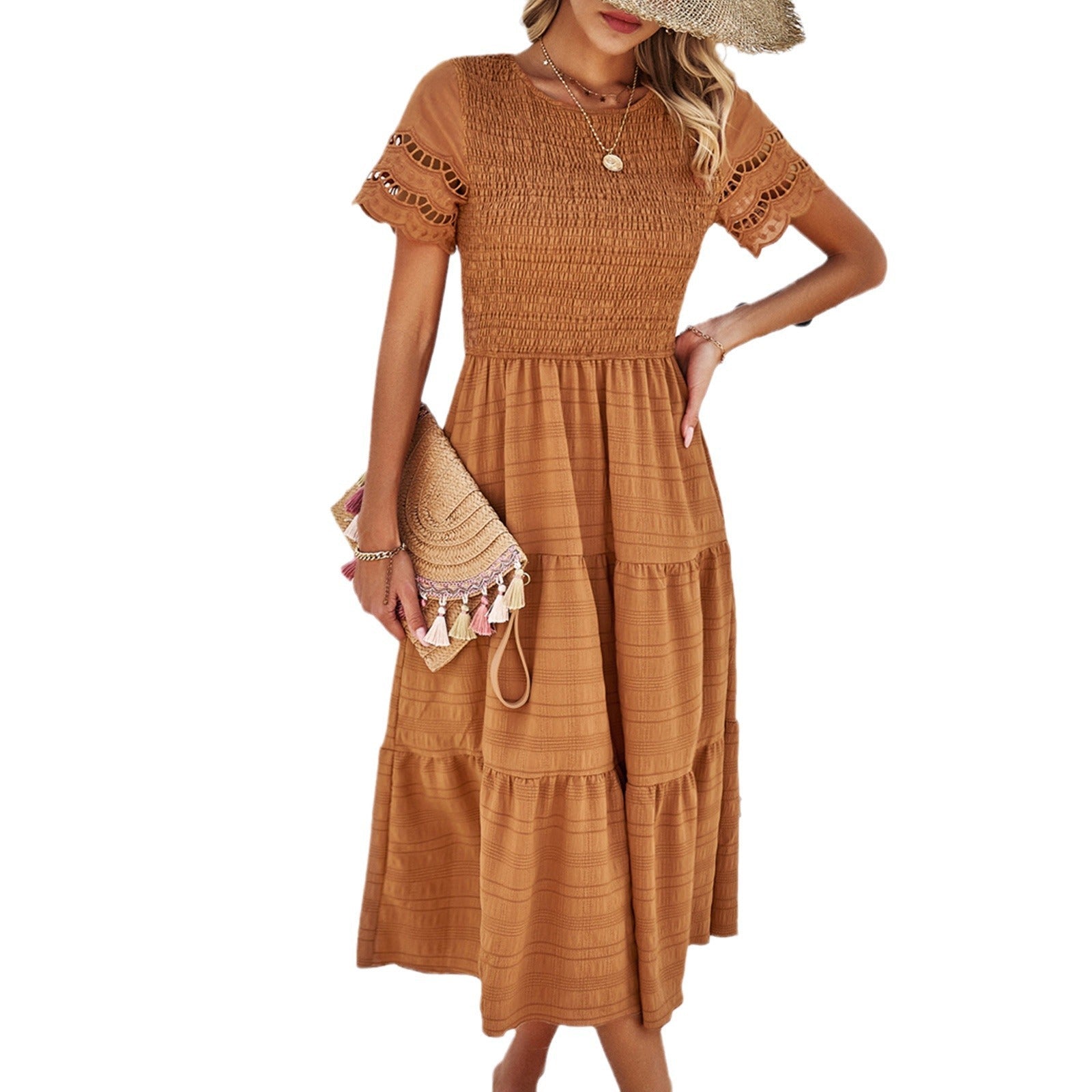 Damen Midikleid mit Puffärmeln und Elastischem Oberteil R&B