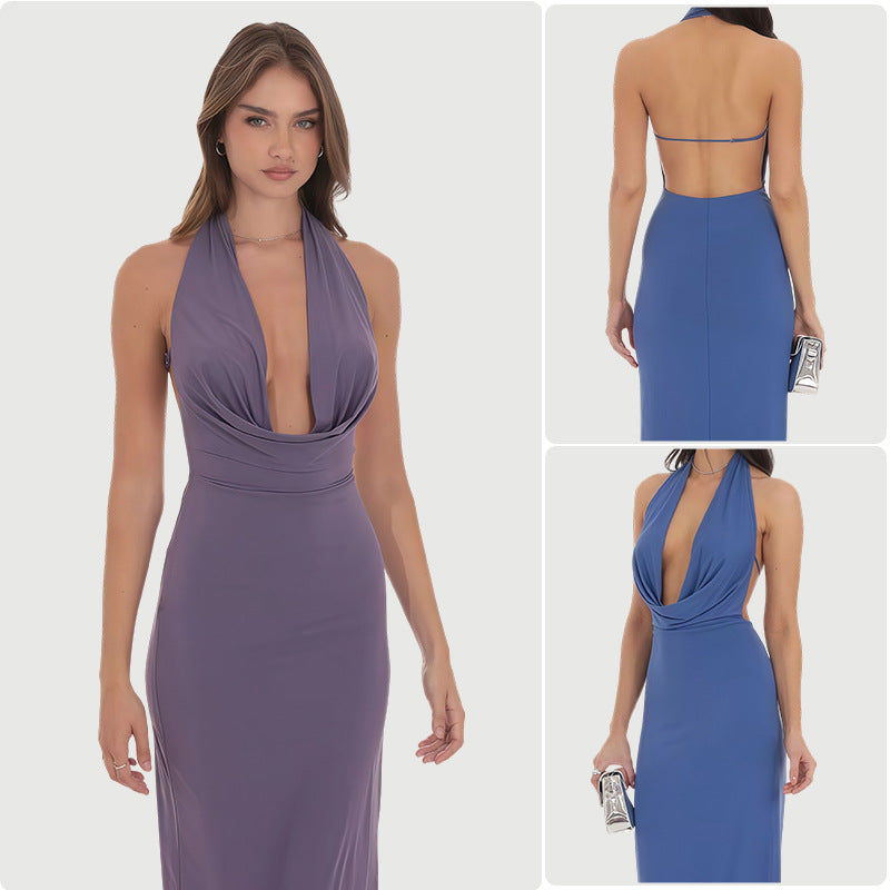 Damen Langarm-Elegant Kleid mit tiefem V-Ausschnitt und fließendem Saum R&B