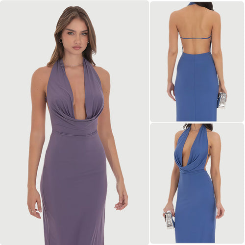 Damen Langarm-Elegant Kleid mit tiefem V-Ausschnitt und fließendem Saum R&B