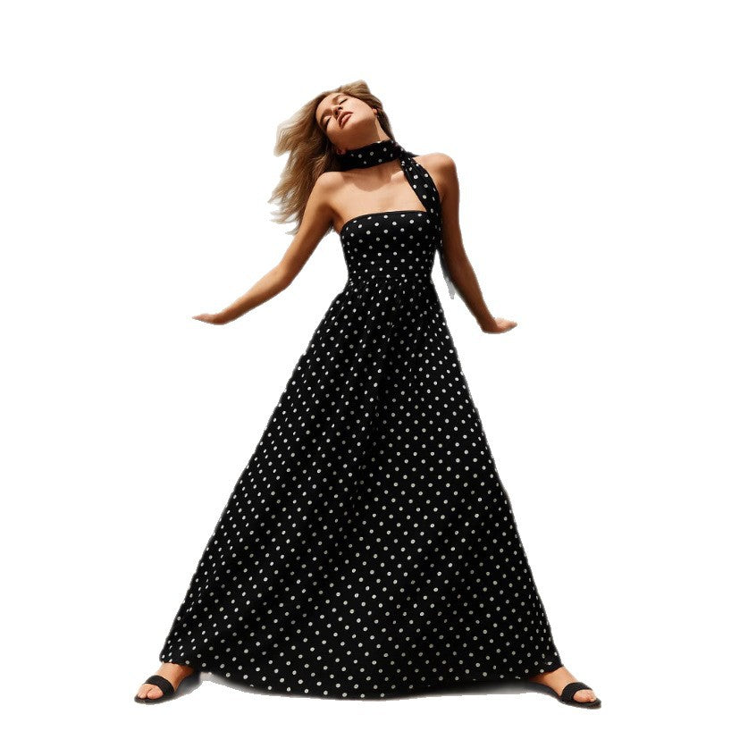 Damen nan bodenlanges Miederkleid mit Pünktchenmuster, weitem Tellerrock und fixiertem Halstuch R&B