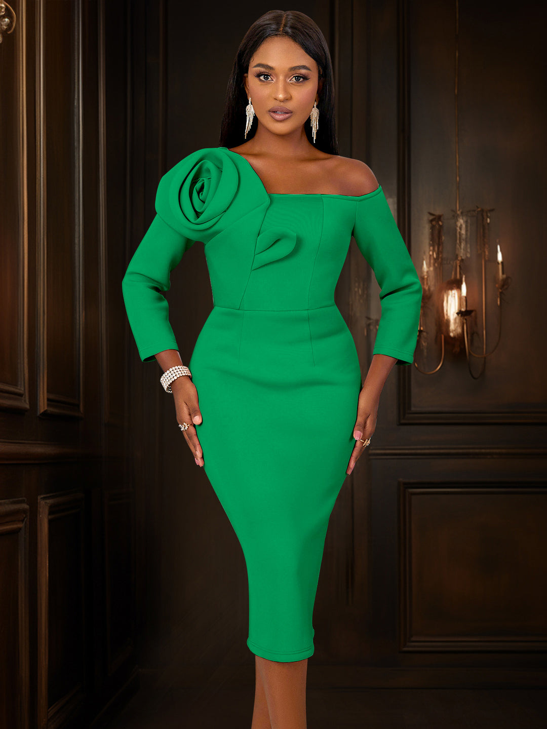 Damen figurbetontes Kleid mit asymmetrischem Rosendetail und langem Arm R&B