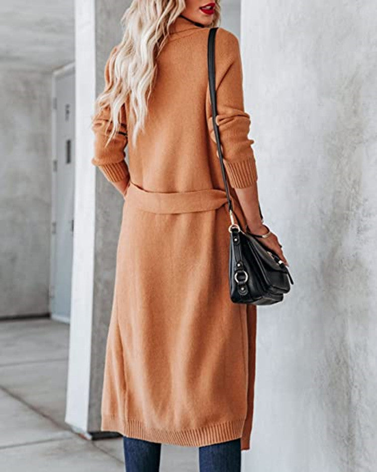 Damen Strickmantel mit Wickeloptik und praktischen Taschen R&B