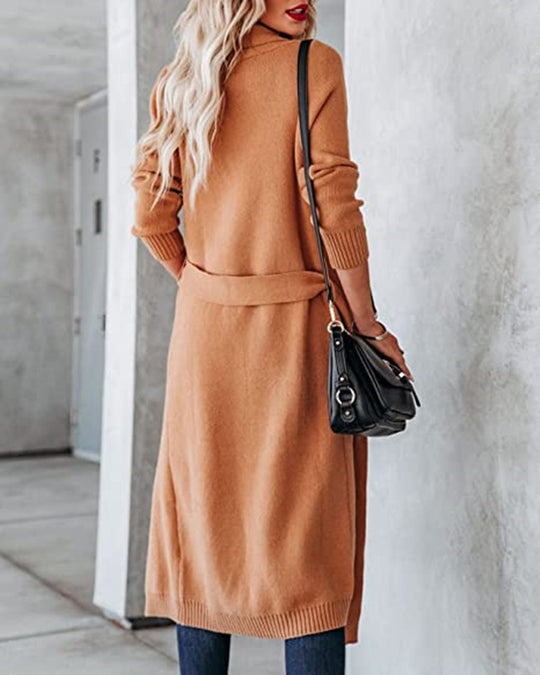 Damen Strickmantel mit Wickeloptik und praktischen Taschen R&B