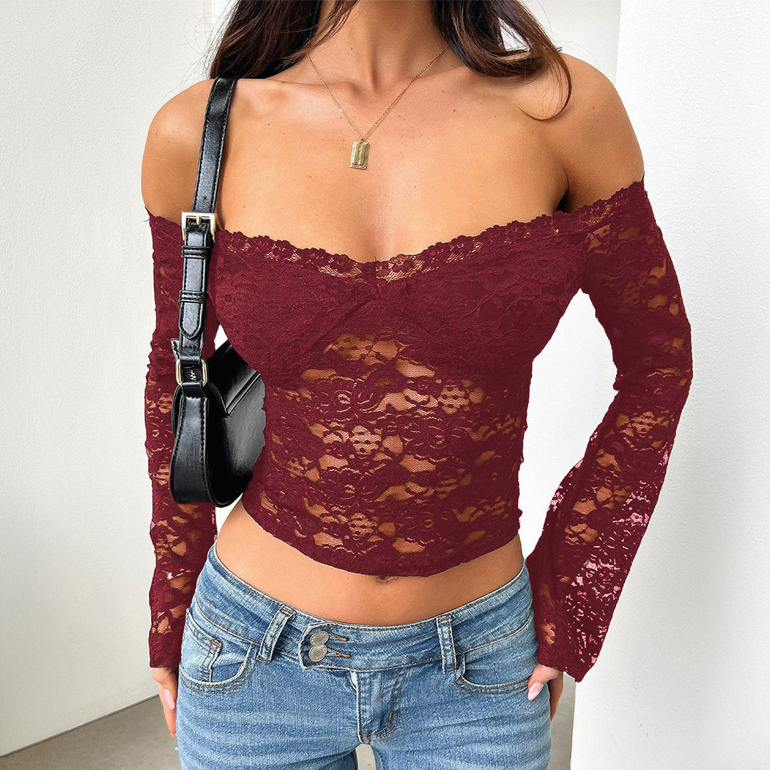 Damen Spitzentop mit Schulterfreiem Design und Volantärmeln R&B