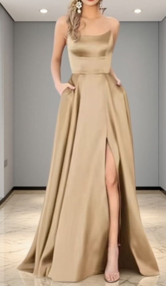 Damen Elegantes Abendkleid mit seitlichem Schlitz und schmalen Spaghetti-Trägern R&B