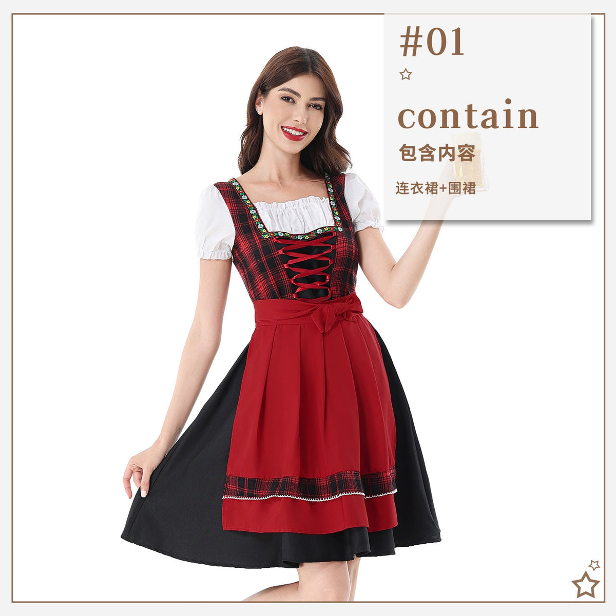 Damen nan traditionelles Dirndlkleid mit Karo-Mieder und gesteppter Schürze R&B