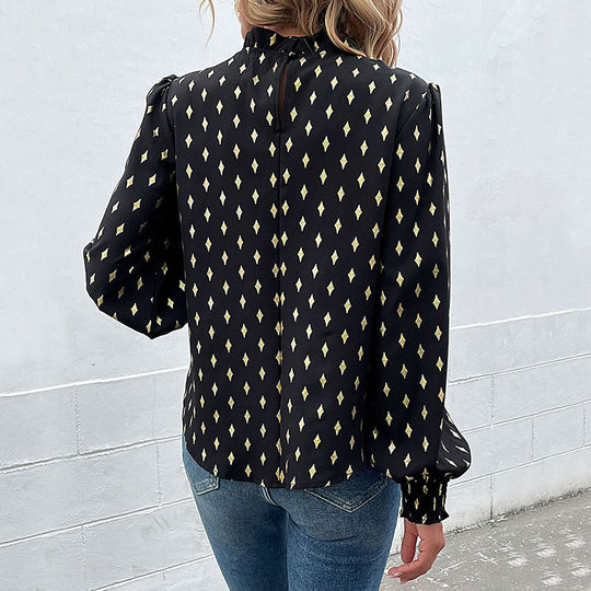 Damen Bluse mit luxuriösem Musterdruck und elegantem Stehkragen R&B