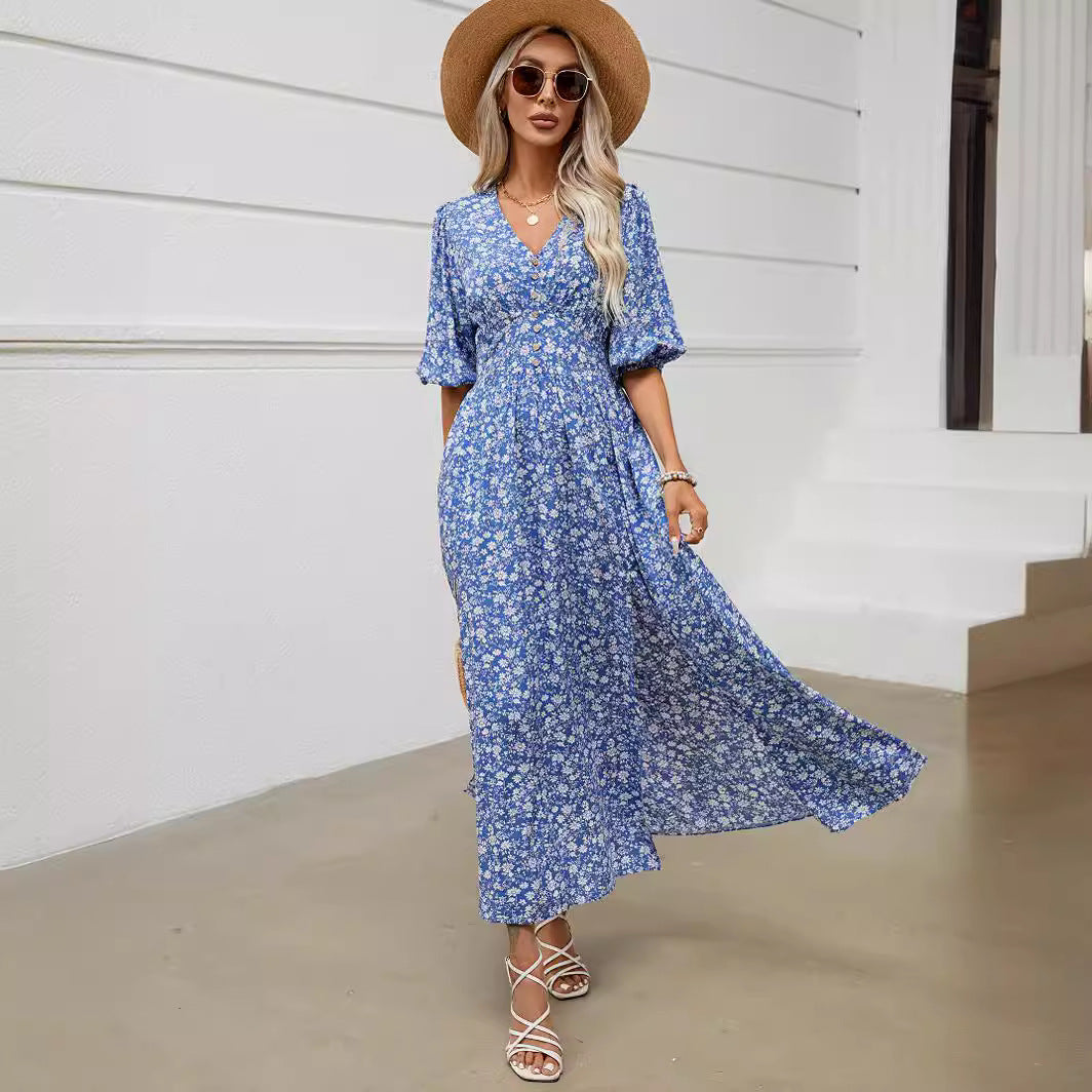 Damen Maxikleid mit floralen Mustern und seitlichem Schlitz R&B