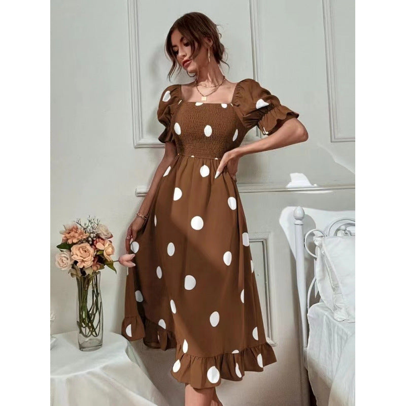 Damen Off-Shoulder Midi-Kleid mit Rüschensaum und Punkte-Design R&B