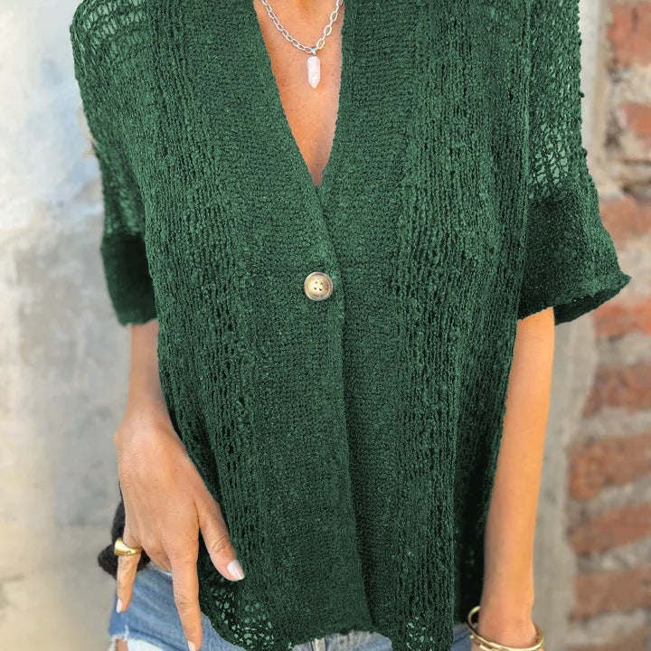 Damen Strickbluse mit modernen Lochmustern und eleganter Knopffront R&B
