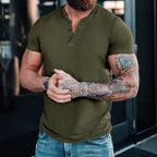 Herren Kurzarm-Henley-T-Shirt aus atmungsaktiver Baumwolle mit dekorativer Knopfleiste R&B