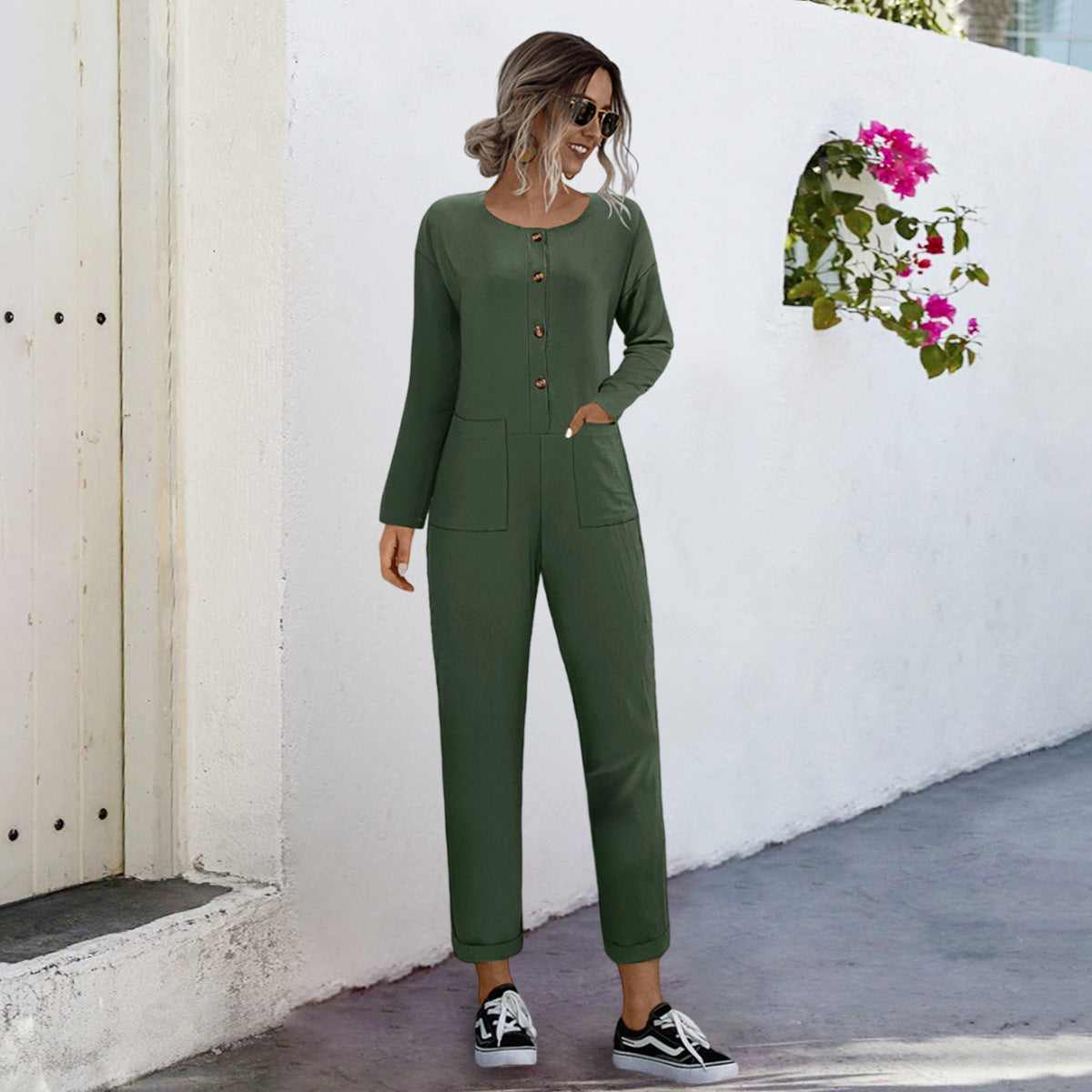 Damen lässiger Jumpsuit mit praktischen Taschen und elegantem Knopfdesign R&B