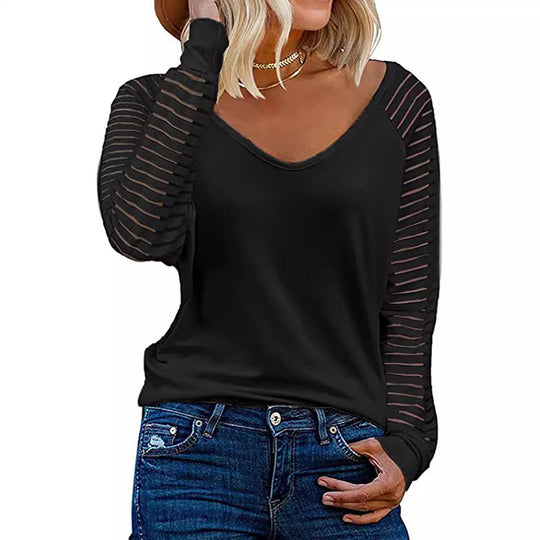 Damen Langärmliges V-Ausschnitt Shirt mit gestreiften Ärmeln R&B