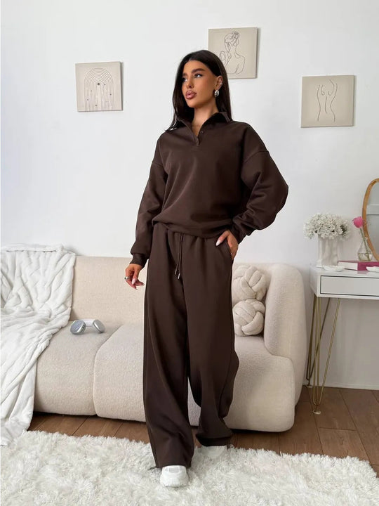 Damen bequemer Polopullover und entspannte Hose Set R&B