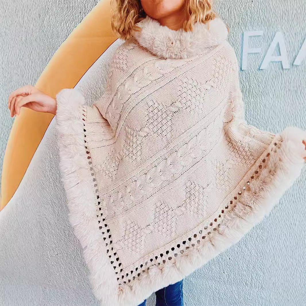 Damen Strickponcho mit dekorativem Kragen und gefüttertem Saum R&B