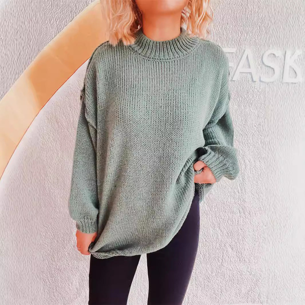 Damen lässiger Grobstrickpullover mit hohem Kragen und weitem Schnitt R&B