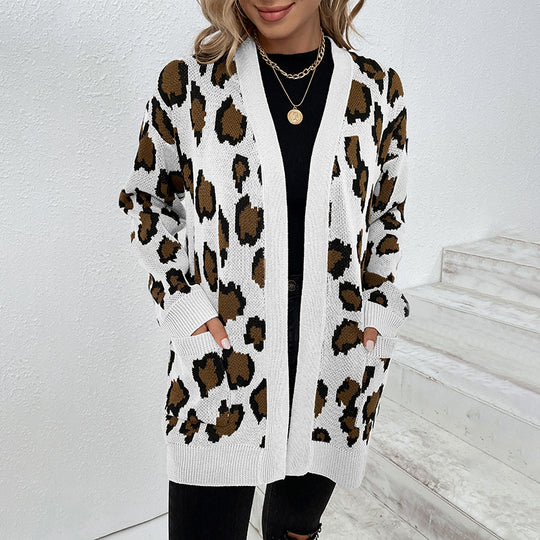 Damen modische Strickjacke mit Leopardenmuster und praktischen Taschen R&B