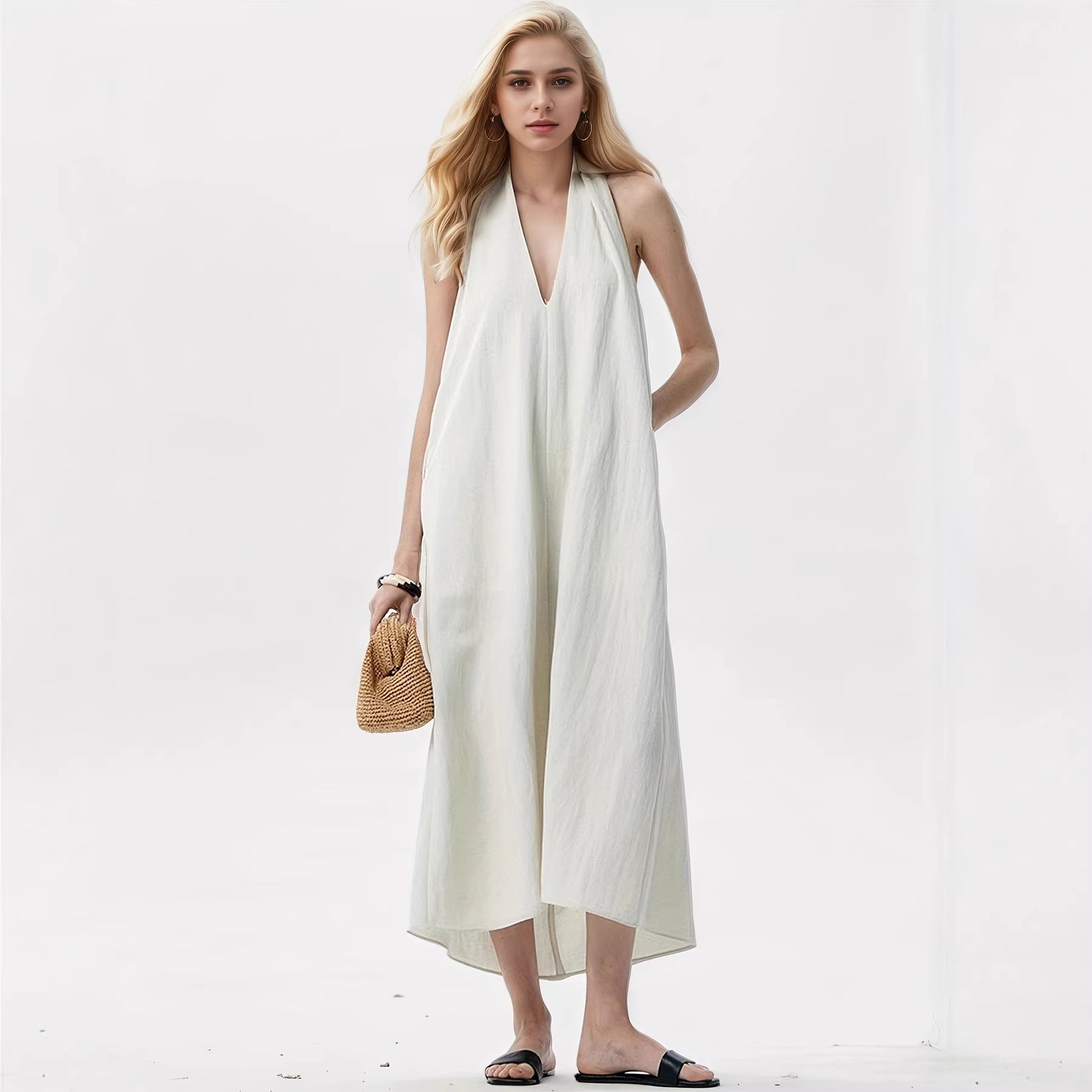 Damen Elegantes Maxikleid mit tiefem V-Ausschnitt und fließendem Stoff R&B