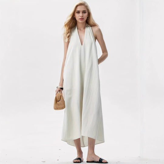 Damen Elegantes Maxikleid mit tiefem V-Ausschnitt und fließendem Stoff R&B
