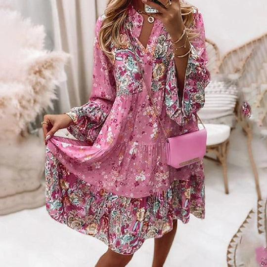 Damen nan leichtes Babydoll-Stufenkleid mit V-Ausschnitt, geraffter Passe und Elastikmanschetten R&B