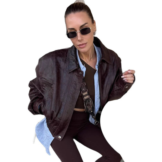 Damen lässige Kunstlederjacke mit oversized Schnitt und praktischen Taschen R&B
