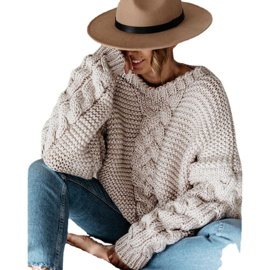Damen Grobstrickpullover mit Zopfmuster und weiten Ärmeln R&B