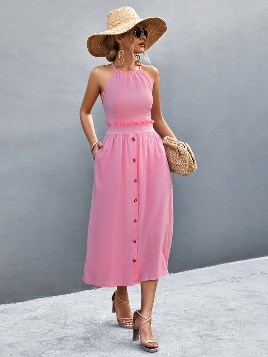 Damen Maxikleid mit hohen Trägern, elastischem Bund und dekorativen Knöpfen R&B