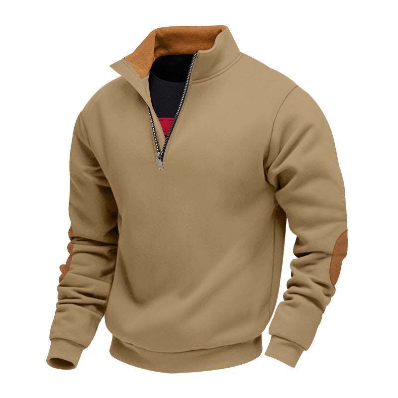 Herren nan Sweatshirt mit Halb-Reißverschluss, Stehkragen und Wildleder-Ellenbogenbesatz R&B