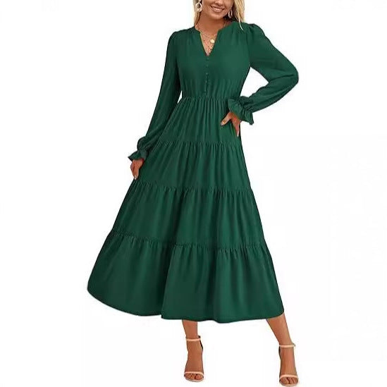 Damen Maxikleid mit knopfverzierter Front und voluminösen Ärmeln R&B