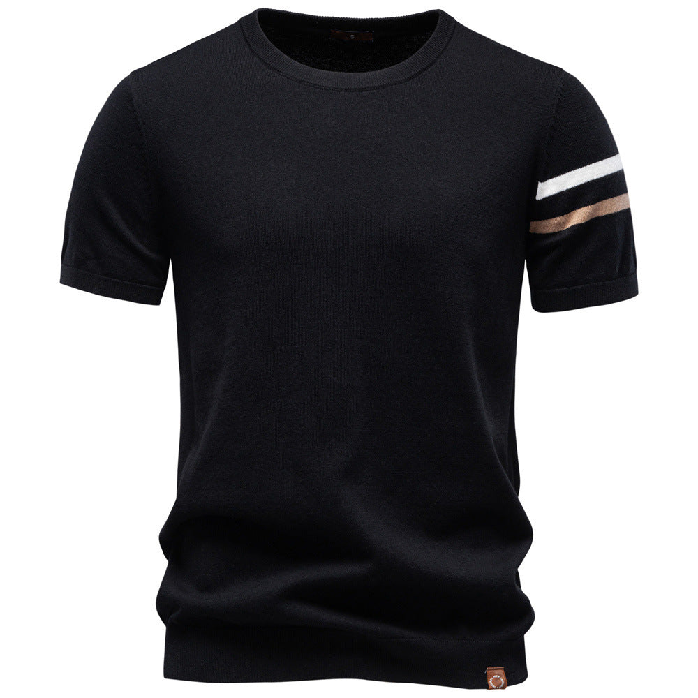 Herren nan feines Baumwollstrickshirt mit Rundhalsausschnitt kurzärmelig und kontrastierenden Ärmelstreifen R&B