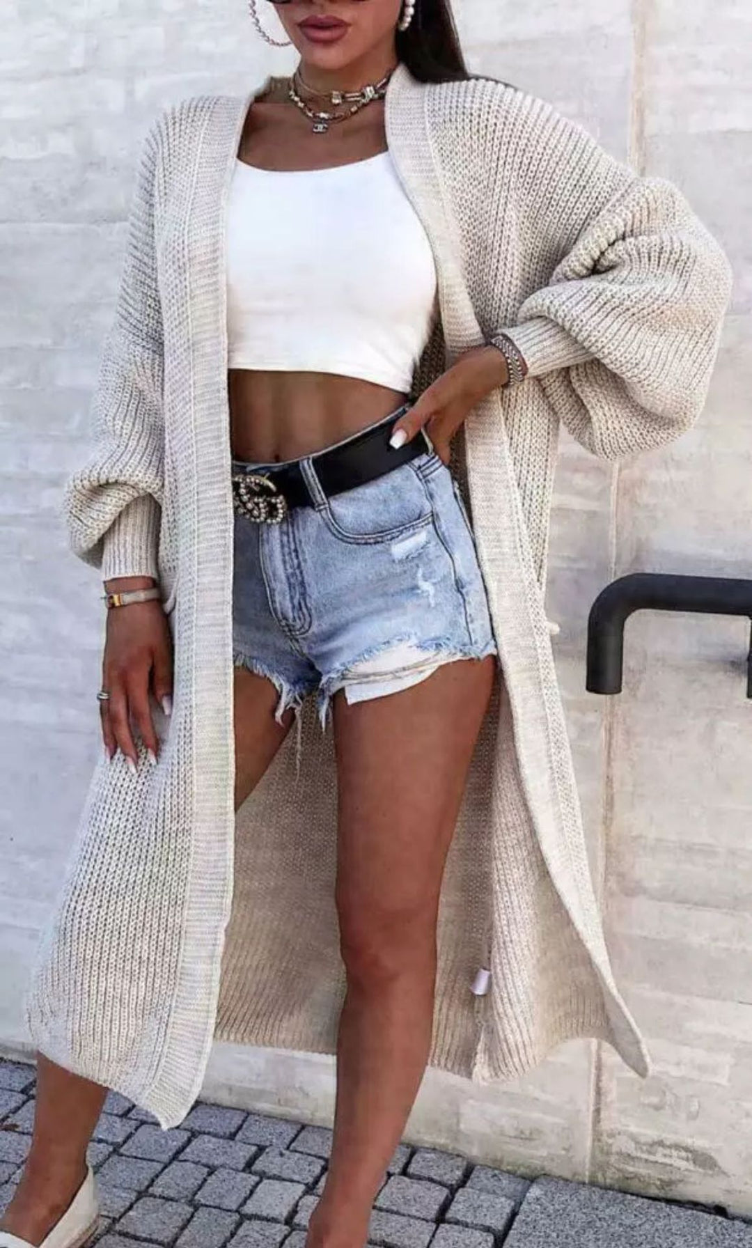 Damen Langer Strickcardigan mit weiten Ärmeln und praktischen Taschen R&B