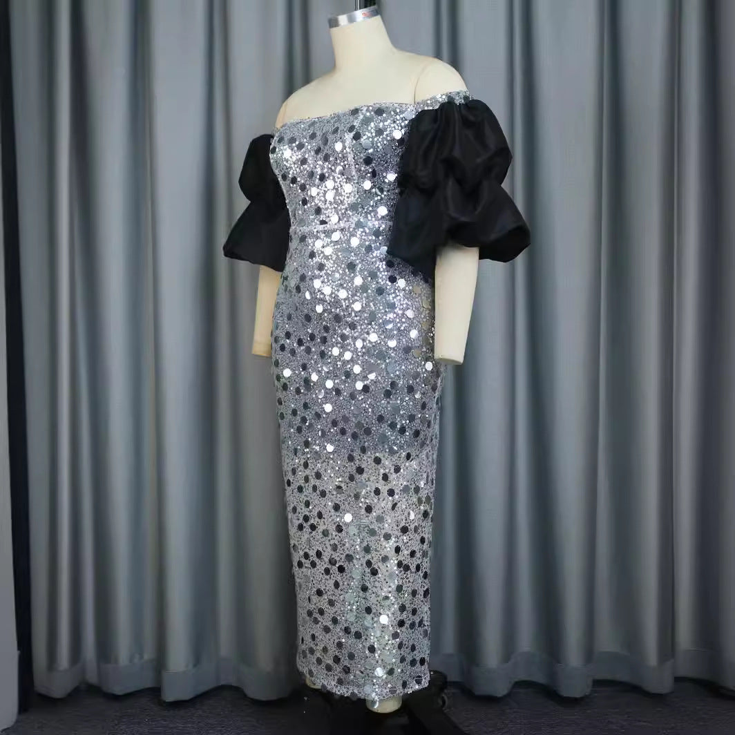 Damen Glitzerndes Abendkleid mit voluminösen Puffärmeln R&B