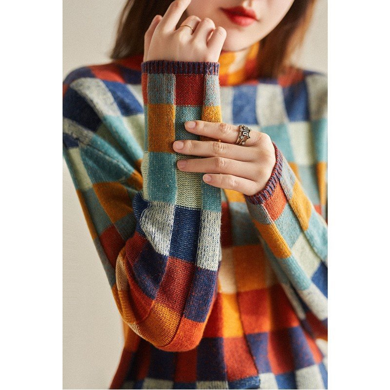 Damen Strickpullover mit modernem Karomuster und hohem Kragen R&B