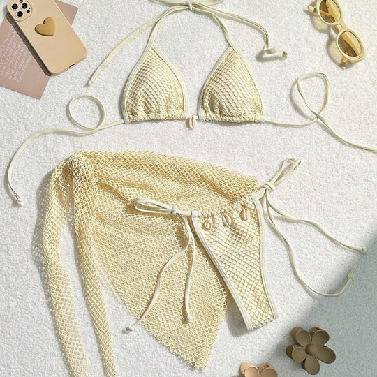 Damen Triangel-Bikini mit transparentem Netzgewebe und Schnürdetails R&B