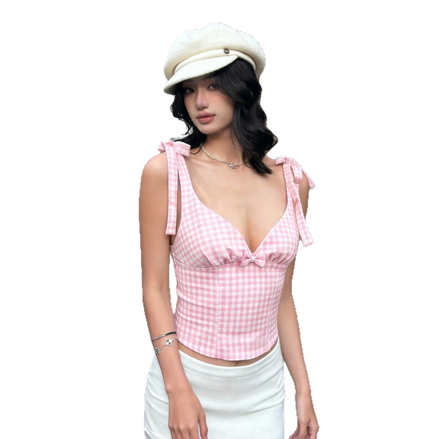 Damen V-Ausschnitt Top mit Bindedetails im Karomuster R&B