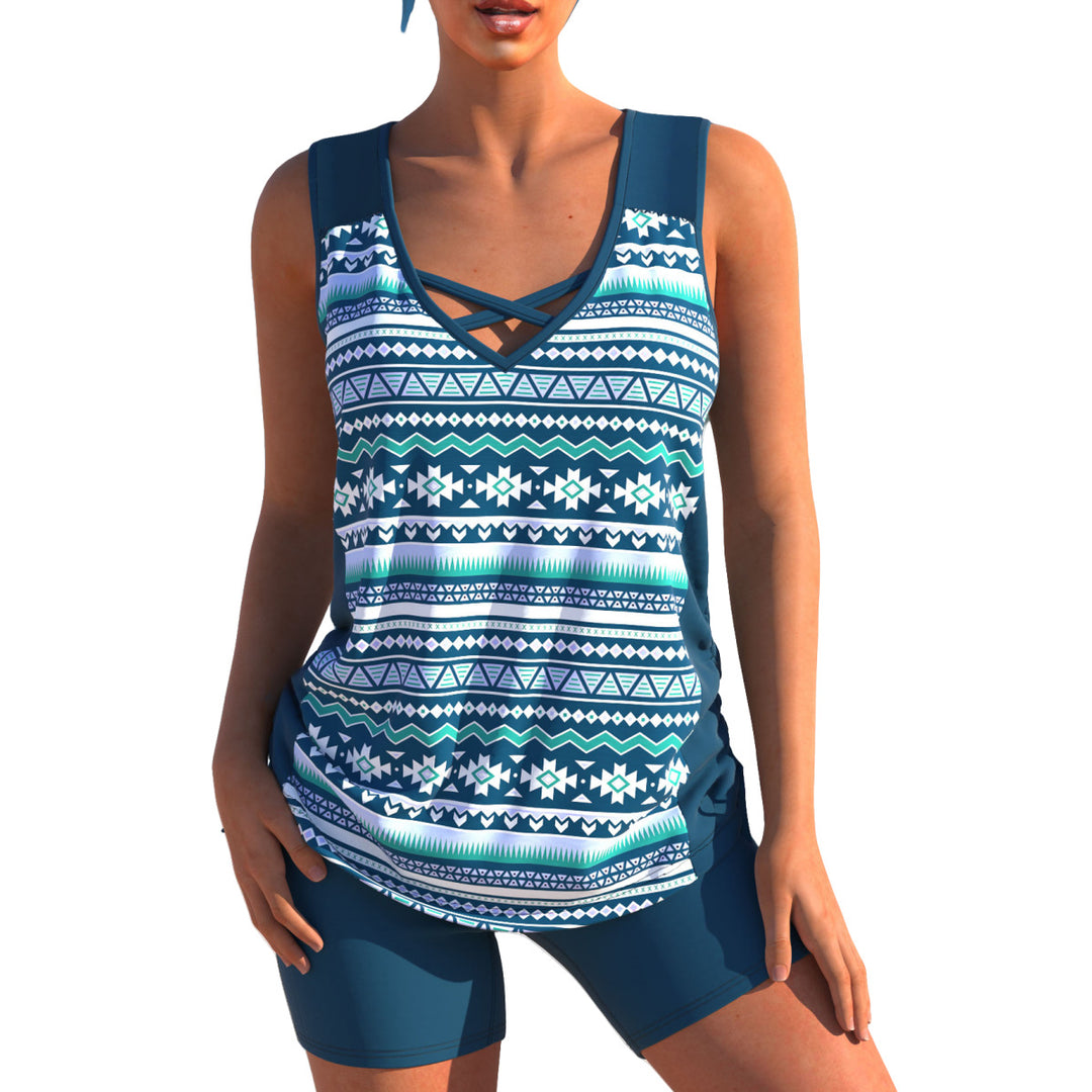 Damen nan sportlicher Tankini-Zweiteiler mit V-Ausschnitt und überkreuzten Brustträgern R&B