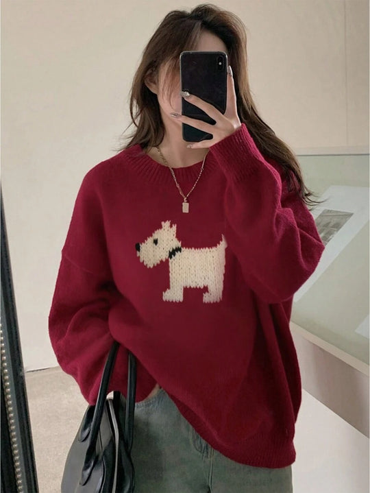 Damen Strickpullover mit süßem Dog-Motiv und bequemer Passform R&B