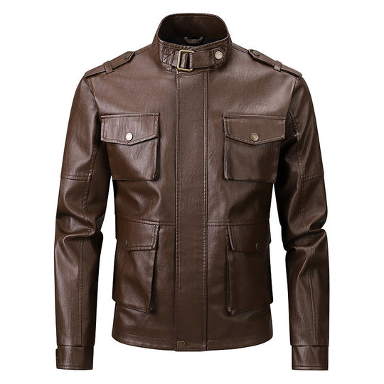 Herren Militärjacke aus Kunstleder mit praktischen Taschen und hohem Kragen R&B