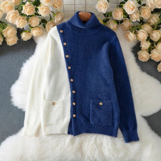 Damen Schicker Pullover mit hohem Kragen und eleganten Knöpfen R&B