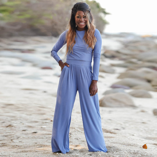 Damen Lässiger Wide-Leg Jumpsuit mit langen Ärmeln und praktischen Taschen R&B